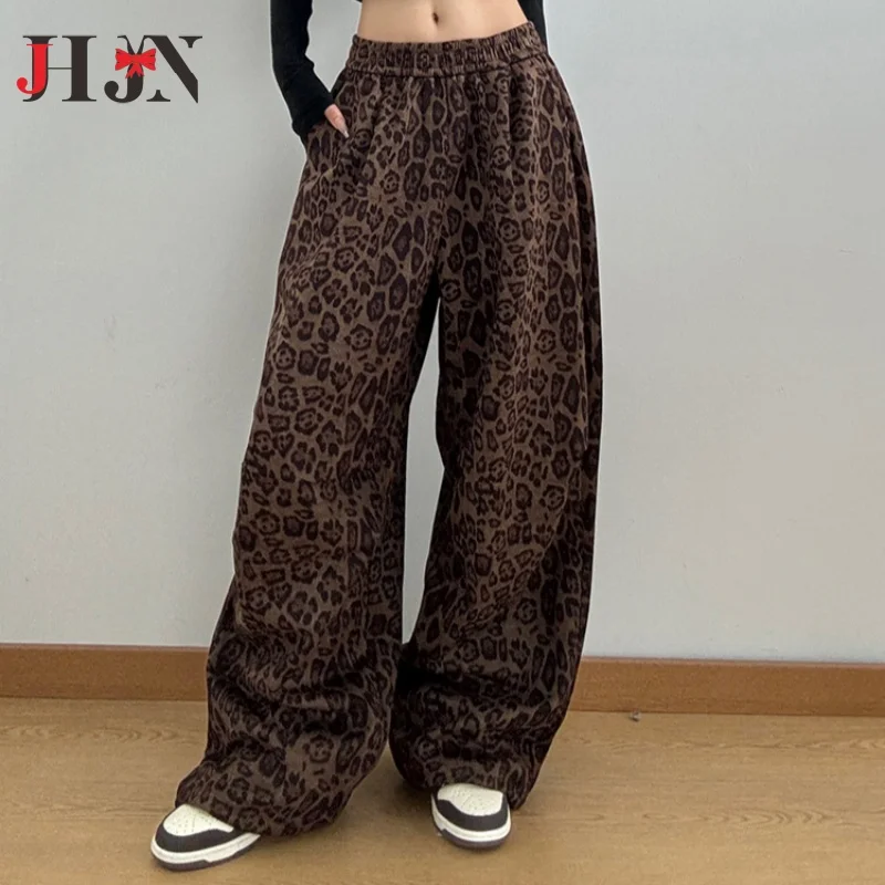 

Высококачественные замшевые повседневные брюки с леопардовым принтом, женские осенние эластичные брюки с высокой талией и шнурком, свободные тонкие широкие брюки