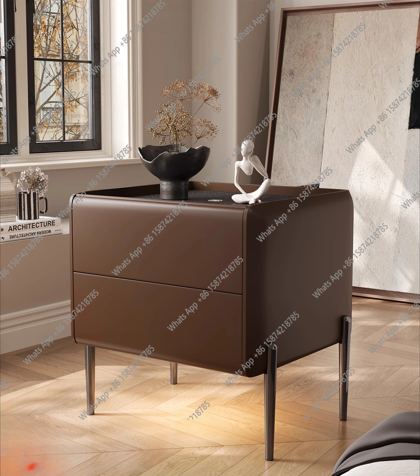 

Italian light luxury bedside table, solid wood lacquered high-legged home bedroom designer fashion and high-end