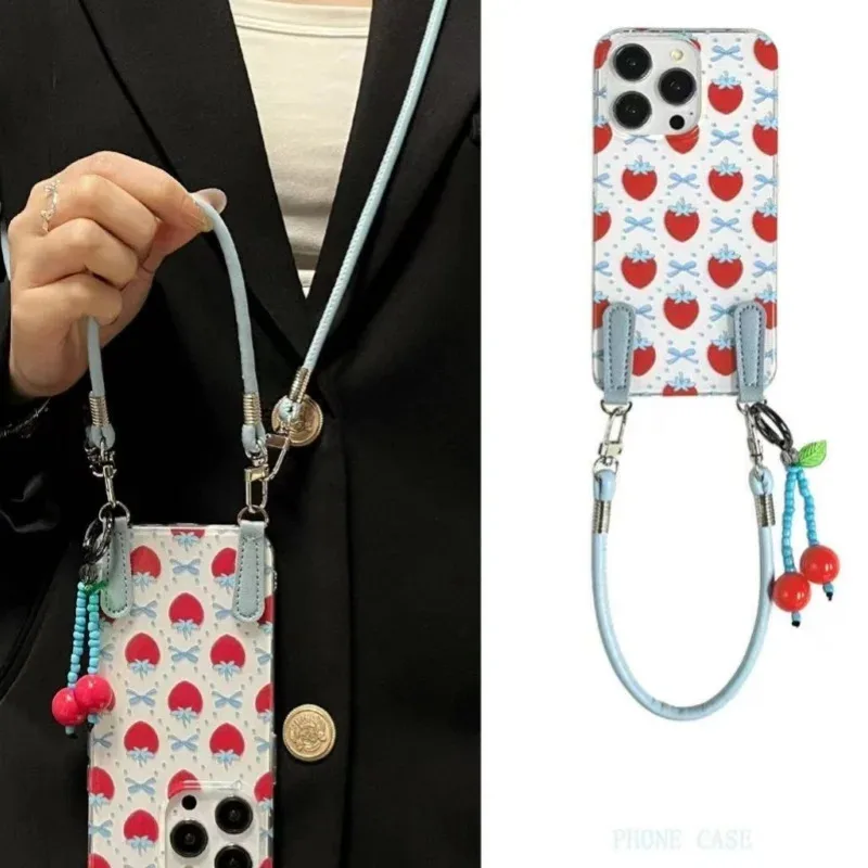 حافظة هاتف كرز زرقاء ملونة كاملة الشاشة مع حبل معلق طويل وقصير من الكرز لهاتف آيفون 11 12 13 14 15 16 برو ماكس