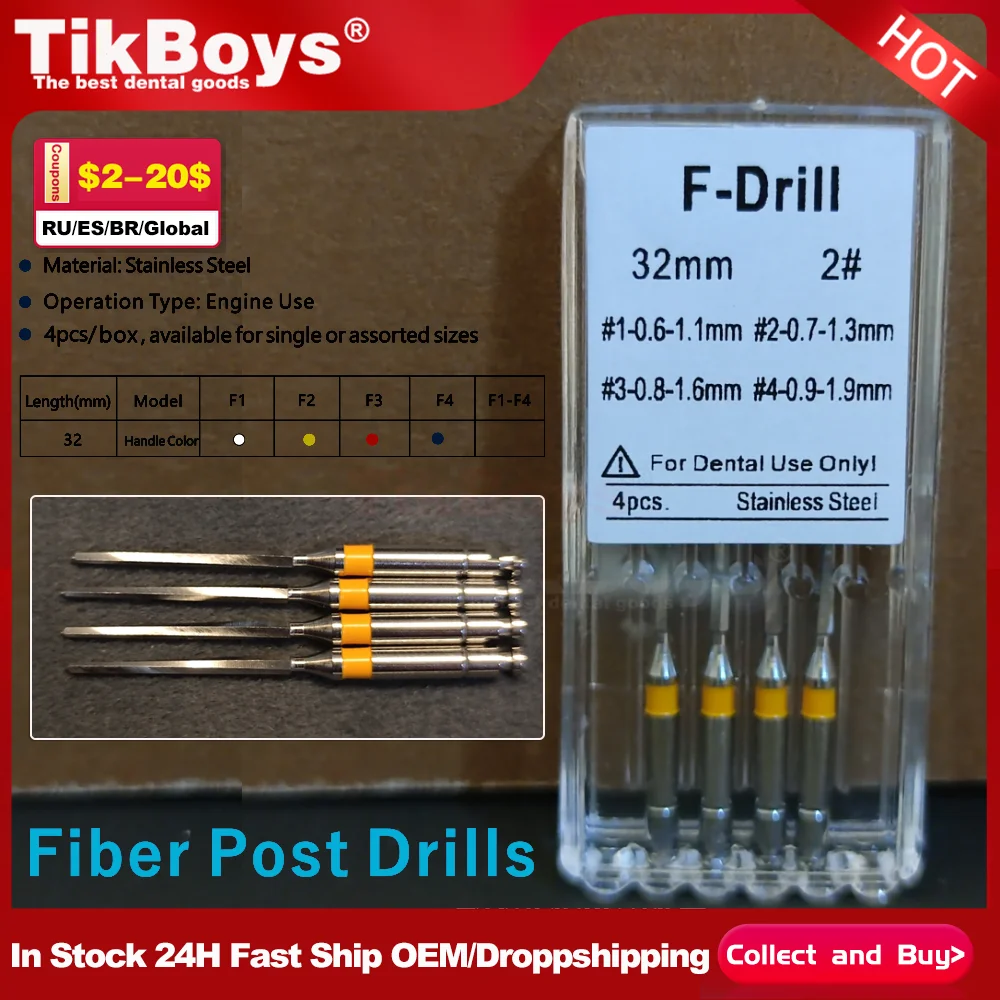 

4 Pcs/Box Dental Fiber Post Drills Stainless Steel Endodontic Reamer Root Canal Reamer 32MM1-4# Dental Instruments tools Burs