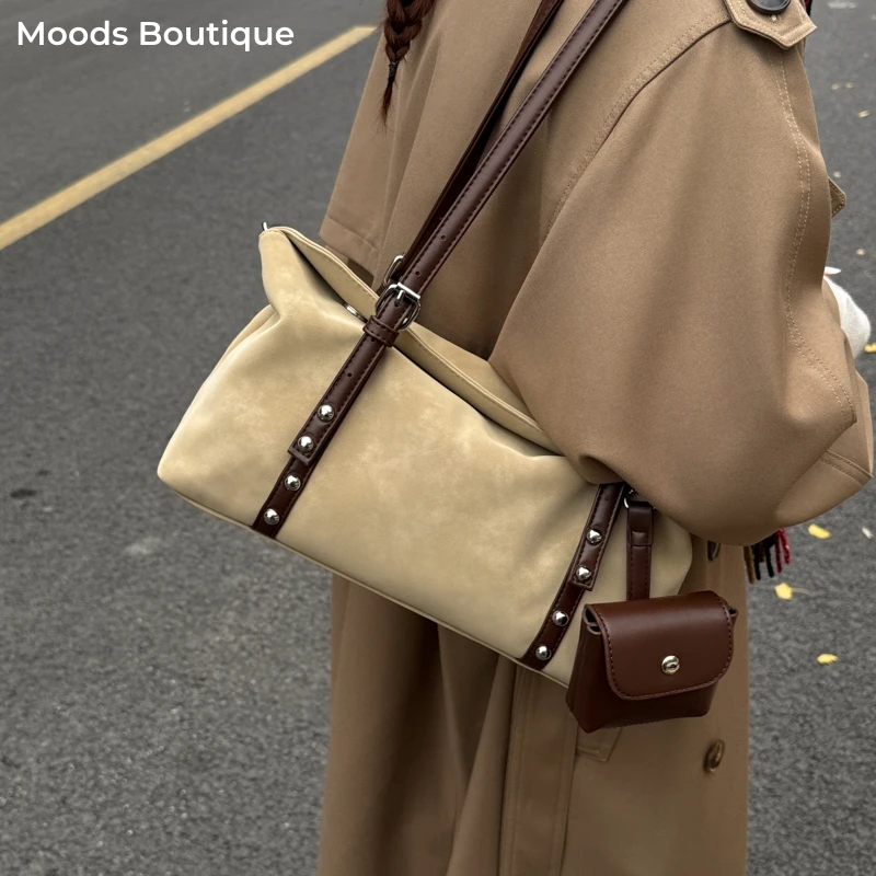 

2-In-1 Motorcycle Shoulder Bags For Women Three-compartment Big Capacity Hobo Bag PU Suede Pure Color Boston Bag With Coin Purse