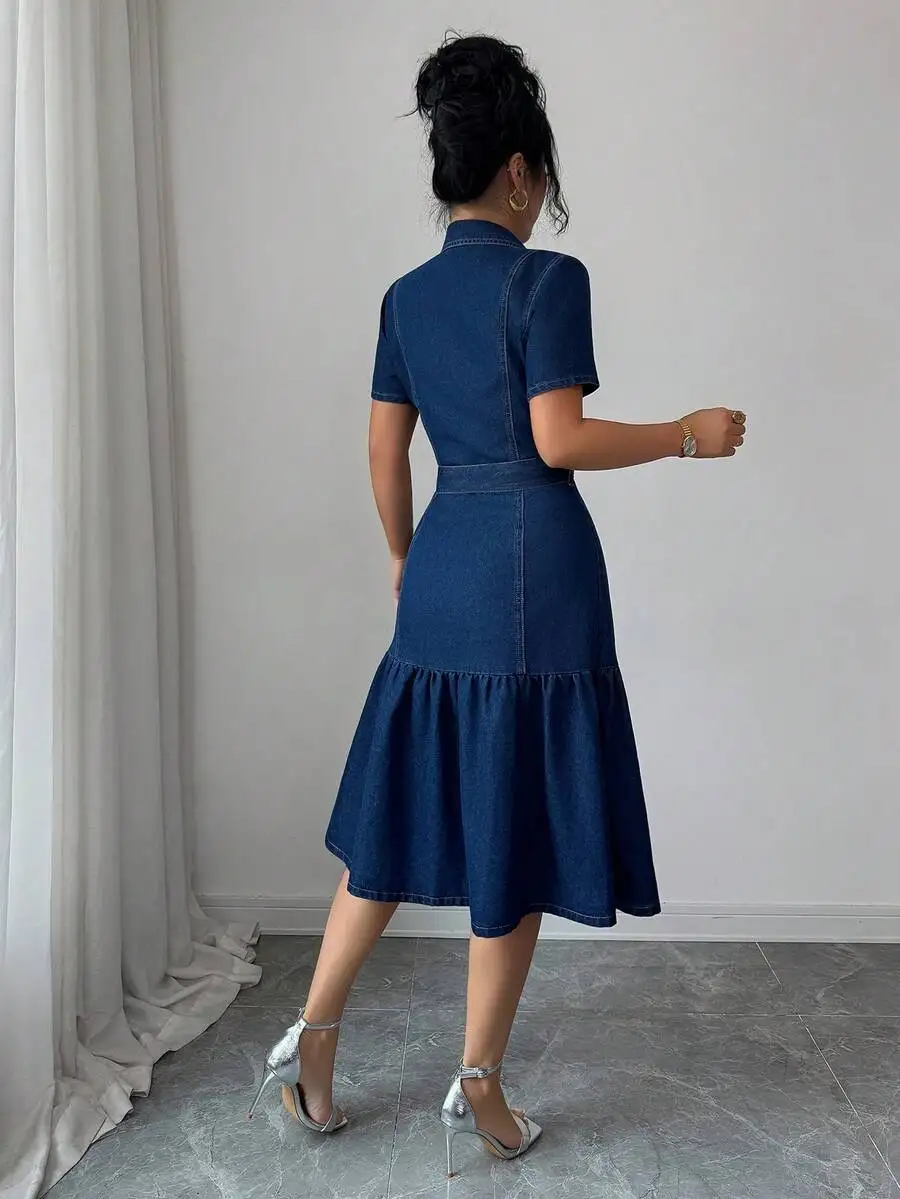 

Blue Washed Denim Midi Dress With Shirt Collar, Short Sleeves, Front Button Closure, Tiered Flare Skirt And Self-Tie Waist