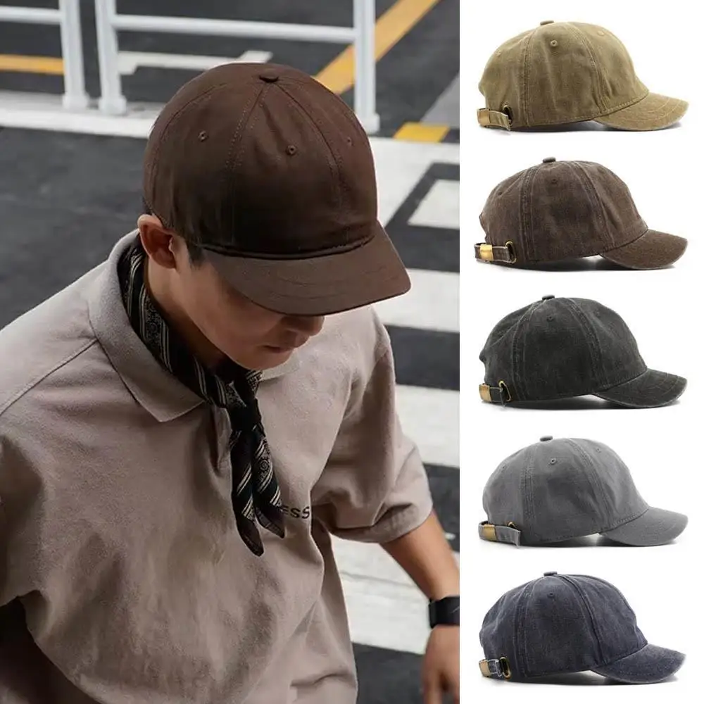 Short Brim Baseball Cap Adjustable Trucker Style Low Profile Cap Outdoor Sun Visor Hat Vintage Washed Cotton Casual Snapback Hat