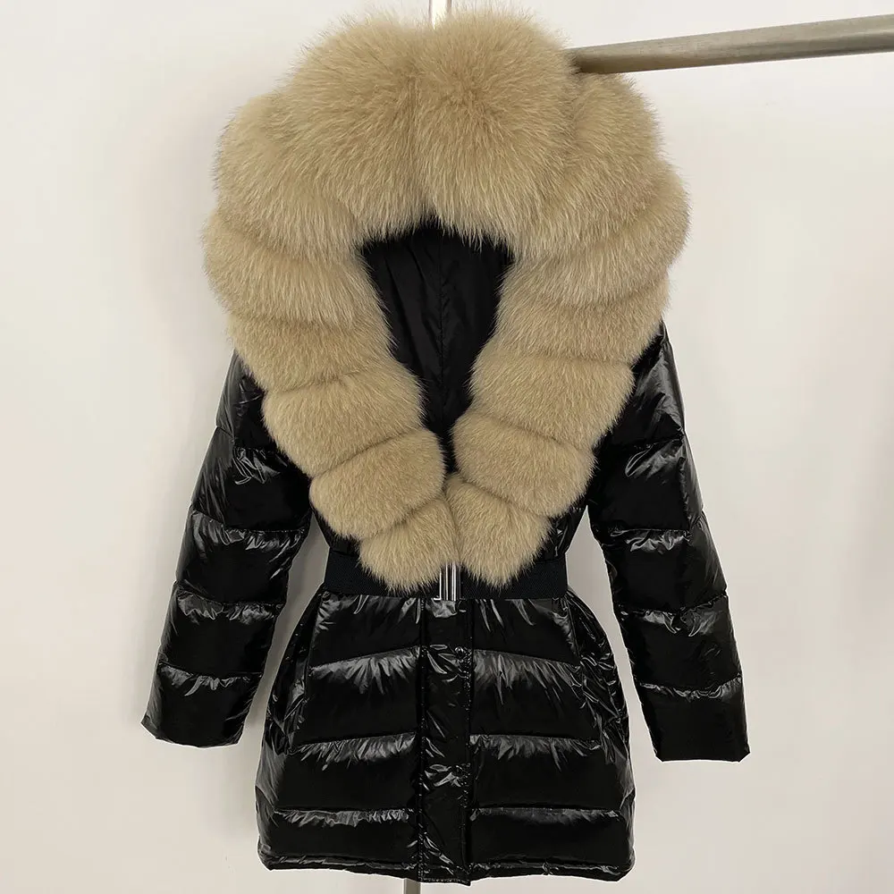 Chaqueta de invierno para mujer, abrigo con cuello de piel de zorro de alta calidad, chaquetas de plumón de pato blanco 90, plumón cálido con superficie brillante, novedad de 2024