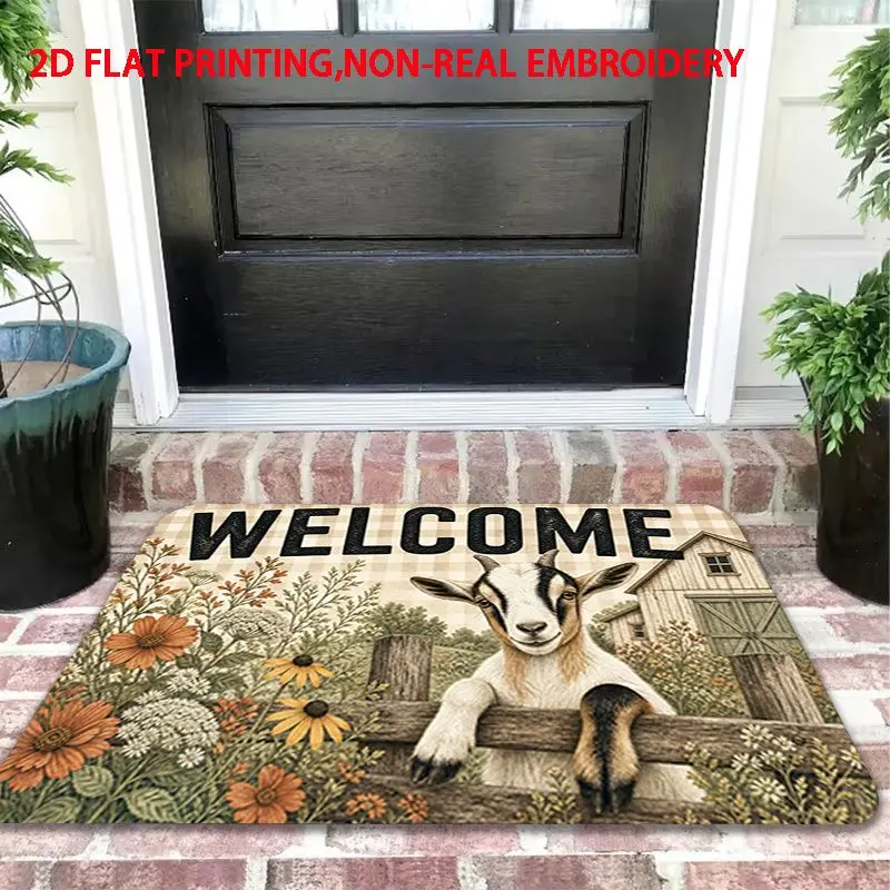 VIKAMA Farmhouse Welcome Doormat Goat on Fence Sunflower Buffalo Plaid Non Slip Front Porch Mat Winter Holiday Decor Rug Decor