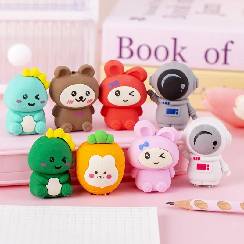 Cute Cartoon Pencil Rubber With Pencil Sharpener Kawaii Bear Rabbit Dinosaur Astronaut Pencil Erasers for Kids School Stationery