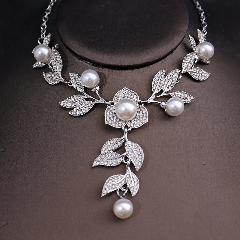 Fashion Women Bridal Elegant Wedding 3pcs/set Party Pearl Rhinestone Angle Necklace Earrings Jewelry Set Banquet Gift