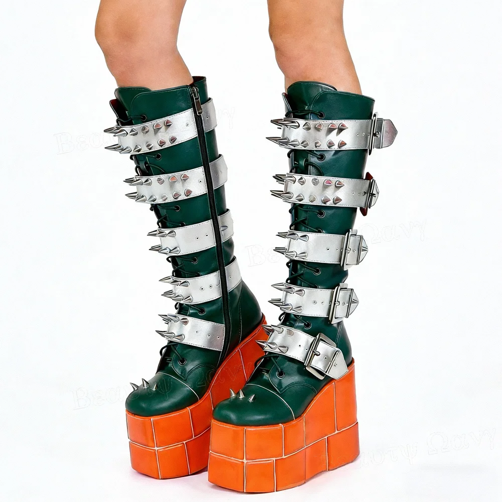 

Orange Green Rivet Decor Punk Boots Side Zipper Knee High Belt Decor Fashion Women Matter leather Shoes Y2K Zapatos Para Mujer