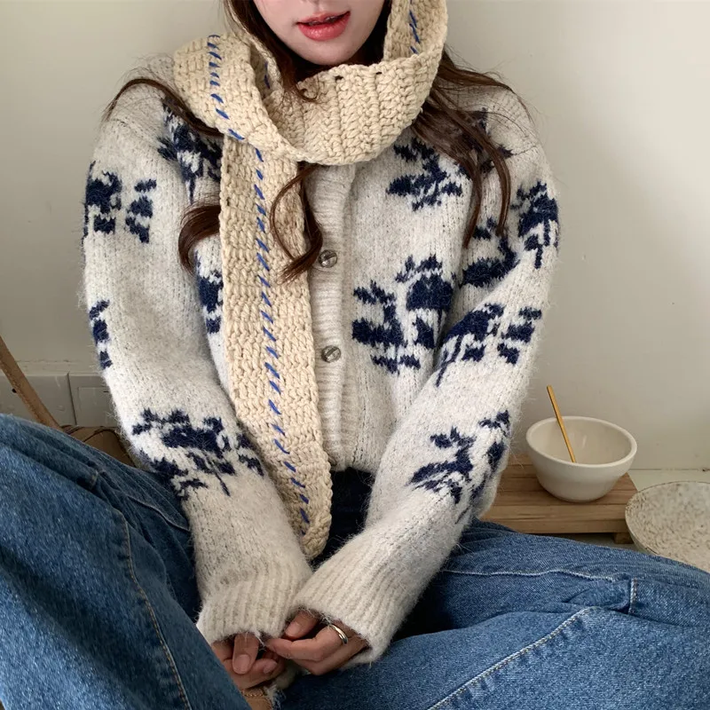 Cárdigan de punto de un solo pecho con flores de Jacquard Vintage para mujer, suéter suave y grueso, chaqueta, Top, otoño e invierno