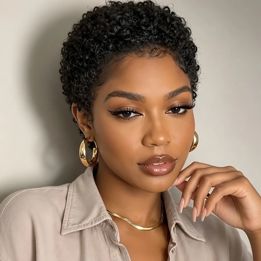 150% Density 4Inch Full Machine Made Wig Short Afro Curly Human Hair Wig Afro Short Wigs for Women Pixie Cut Wig Human Hair Halloween Wig