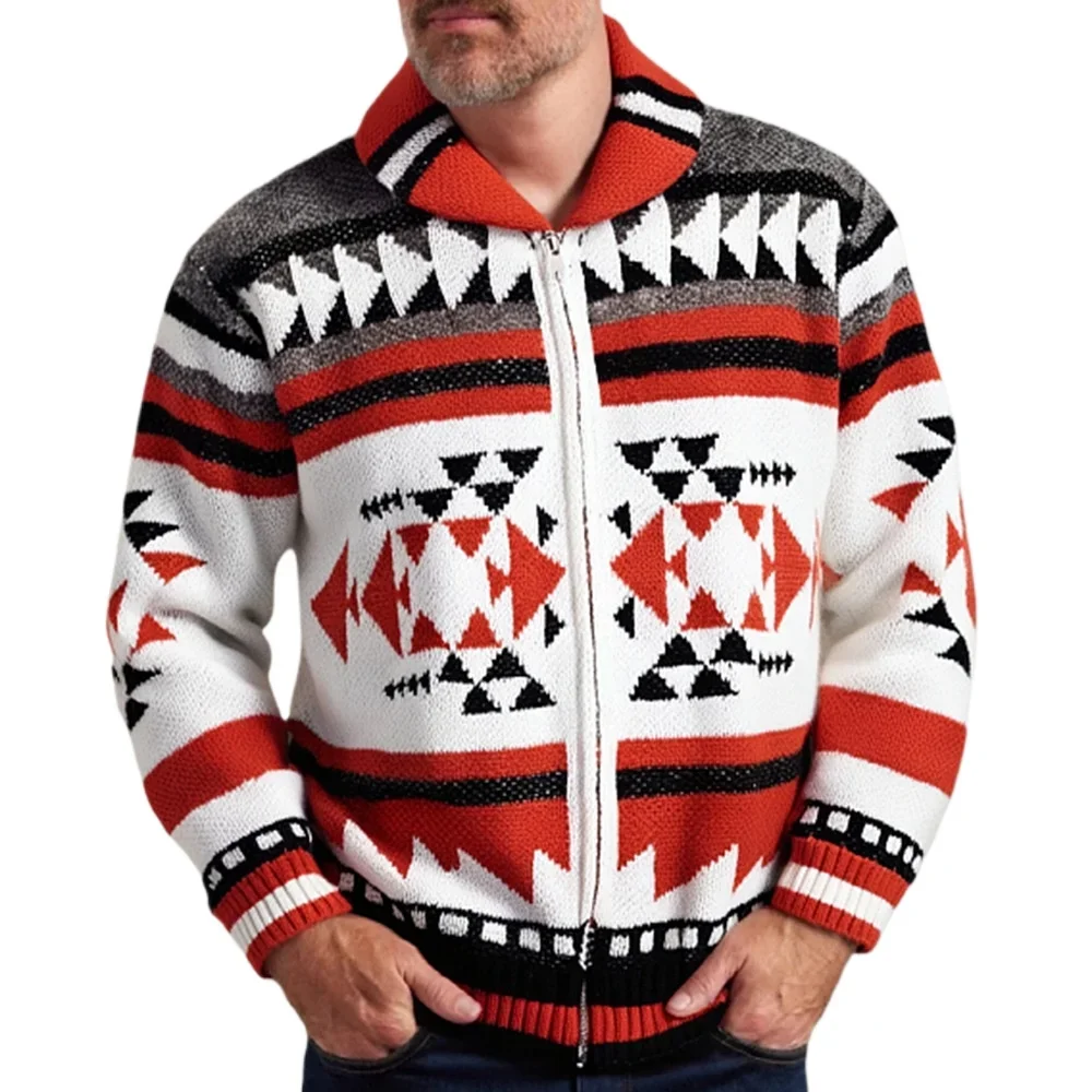 Luxury High-end Autumn Winter Men's Jacquard Zip Up Knit Jacket Lapel Long Sleeve Knitted Cardigan Sweater Men Clothing Coat New - Image 2