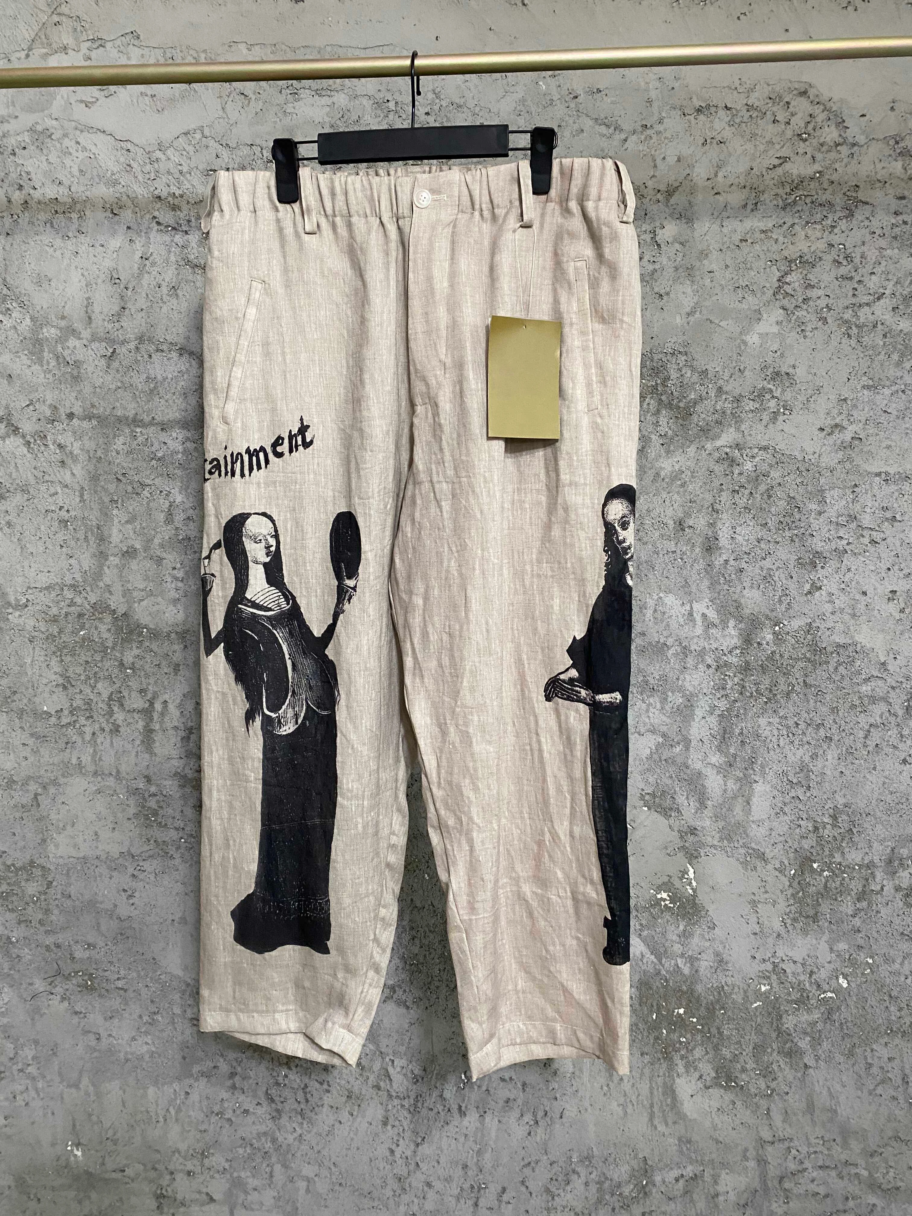 TOP-YAMAMOTO original design linen printed portrait pattern lace-up casual pants