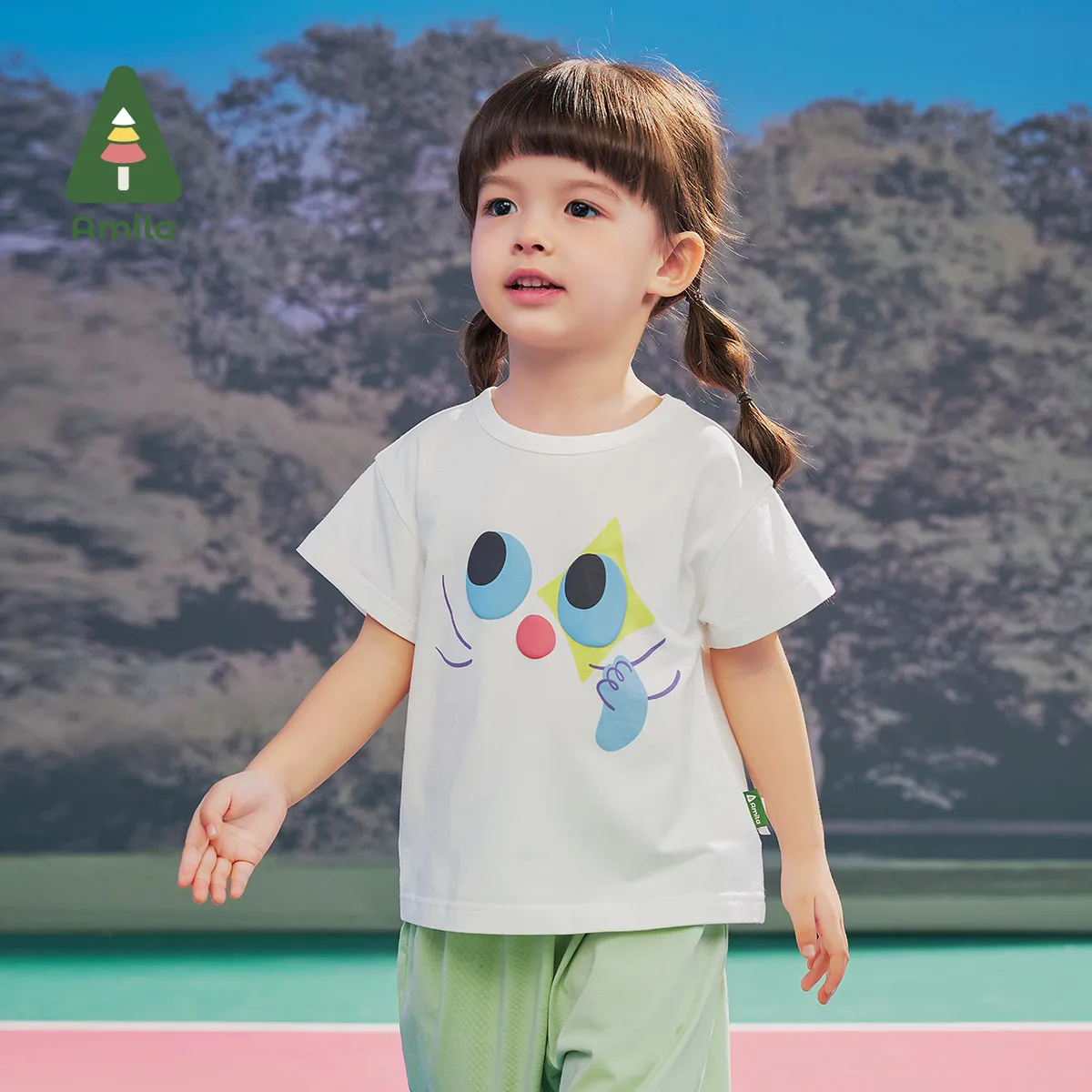 Amila 2024 Summer New Children\'s Short-Sleeved Boys and Girls Cartoon Printed Stylish Breathable Skin-Friendly Cotton Top