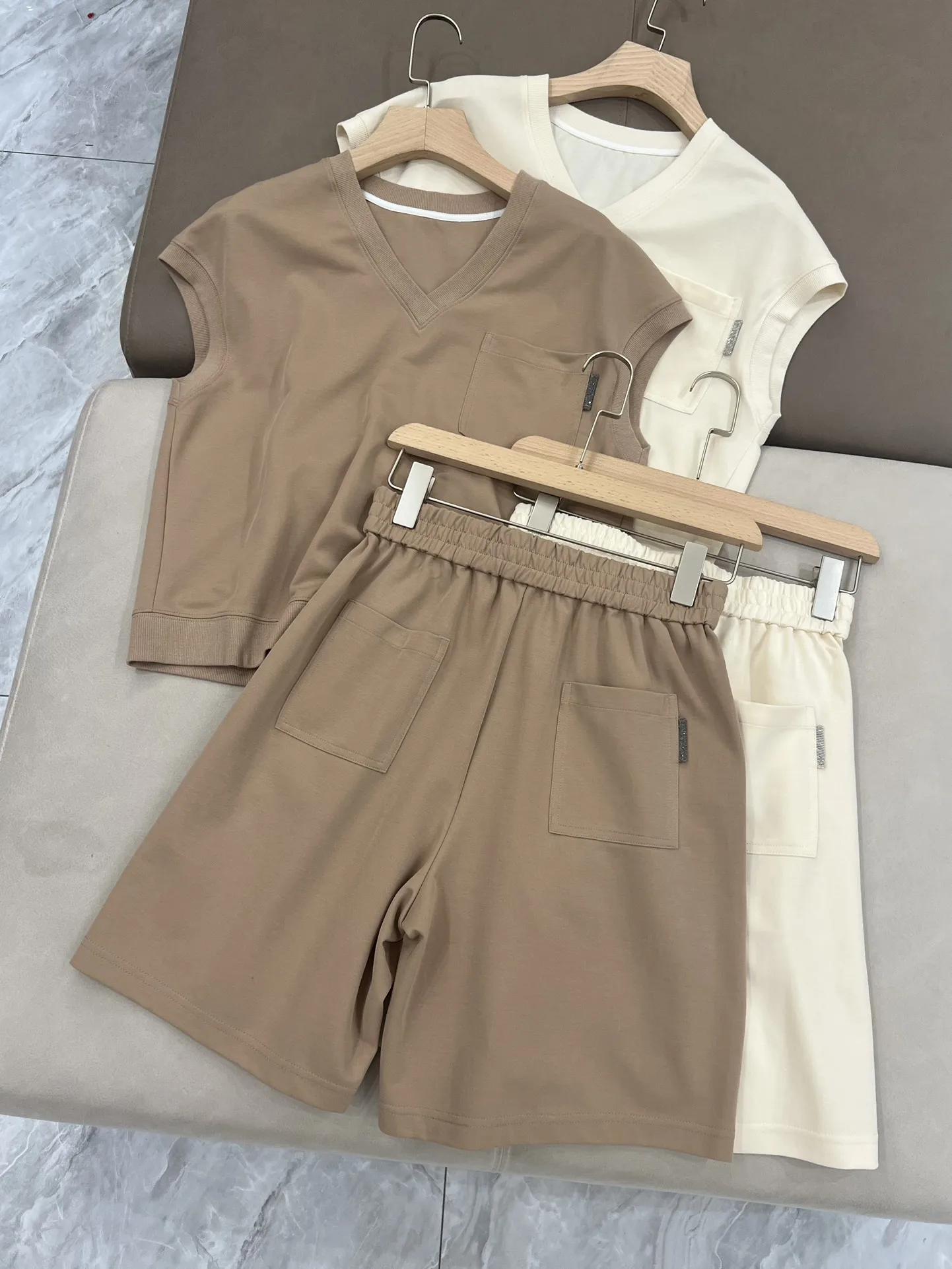 

Summer Women's Shorts Set Sleeveless Pullover Vest Top + 2-Piece Drawstring Stretch High Waist Shorts Suit