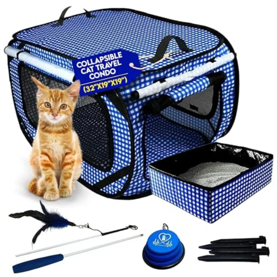 

Extra Large Cat Carrier for Travel - Foldable and Portable Collapsible Kennel with Litter Box Feather Toy and Water/Food Bowl -