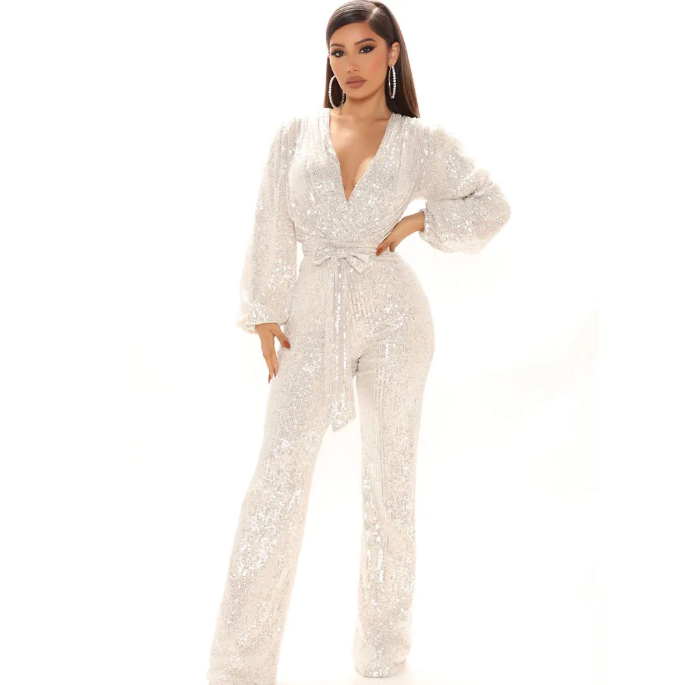 Fashion sexy v-neck party party club nightclub sequin one-piece wide leg jumpsuit pants