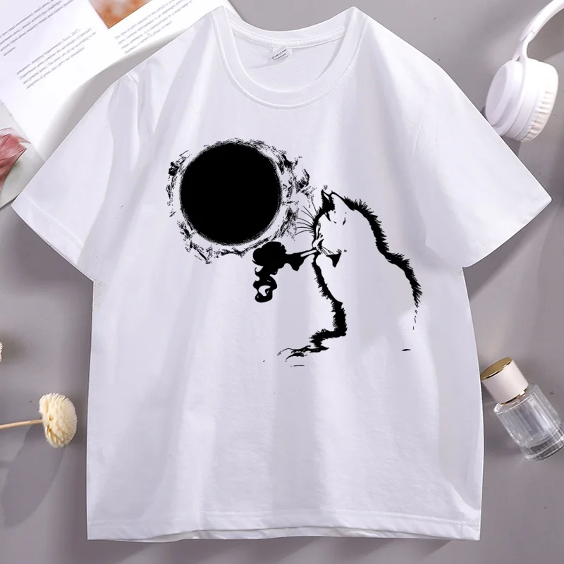 Kitten Smoking Moon Tshirt Funny 90s Vintage Style Cat T Shirts Graphic Tees High Quality Creative Breathable T-shirt women Tops