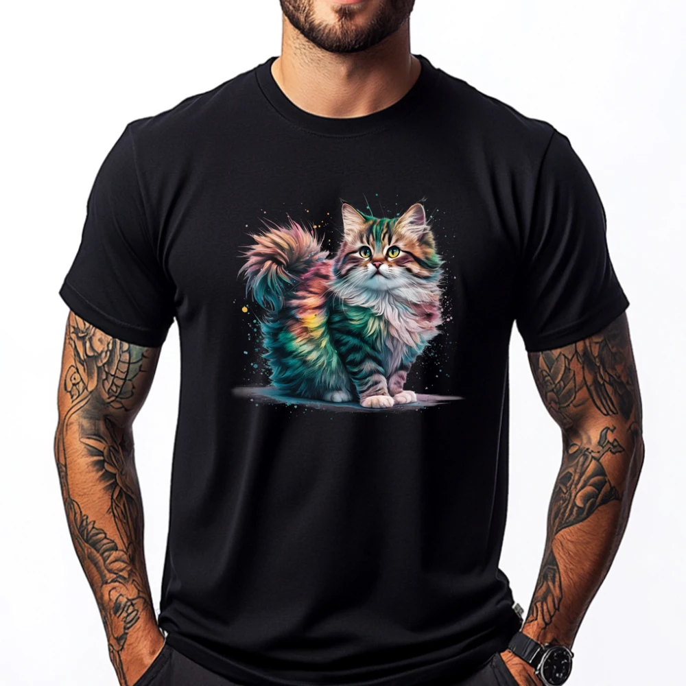 

Cat Men Colourful Watercolour Cat Black Shirt Graphic Tees Camisas De Hombre Large Size Hiphop Streetwear Men's Shirt Printing
