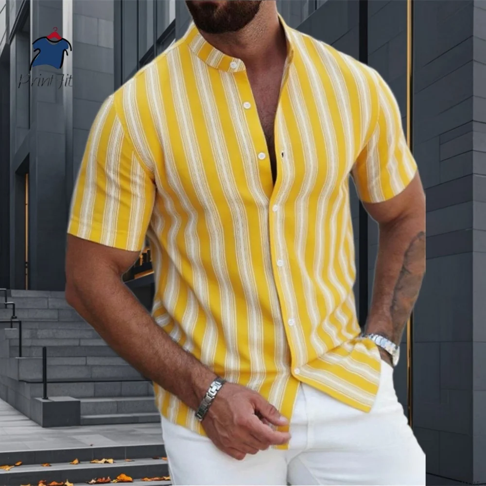 Men's Stand Collar Striped Casual Fashion Short Sleeve Shirt Texture Print Summer Hawaiian Vacation Tops S-6XL Men's clothing
