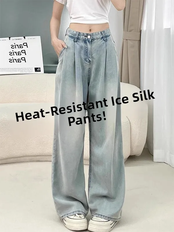   Jeans mit geradem Bein für Damen, Herbst und Winter, dünn, große Größe, lockere Hose mit weitem Bein, hohe Taille, schlankmachende, drapierte Eisseidenjeans
