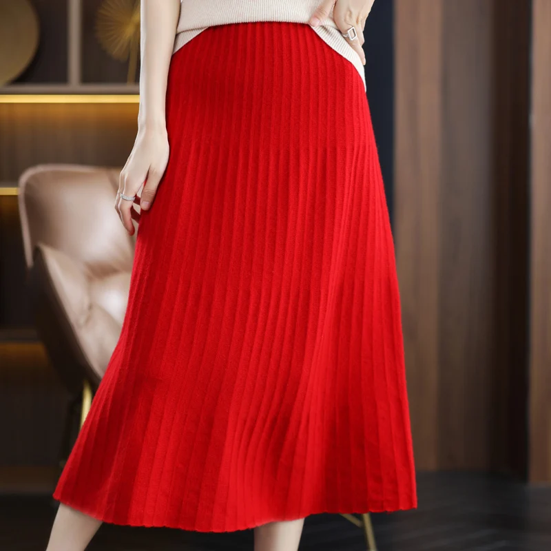 100% pure wool ladies autumn and winter new skirt solid color high waist Joker long A-word cashmere bag hip skirt.