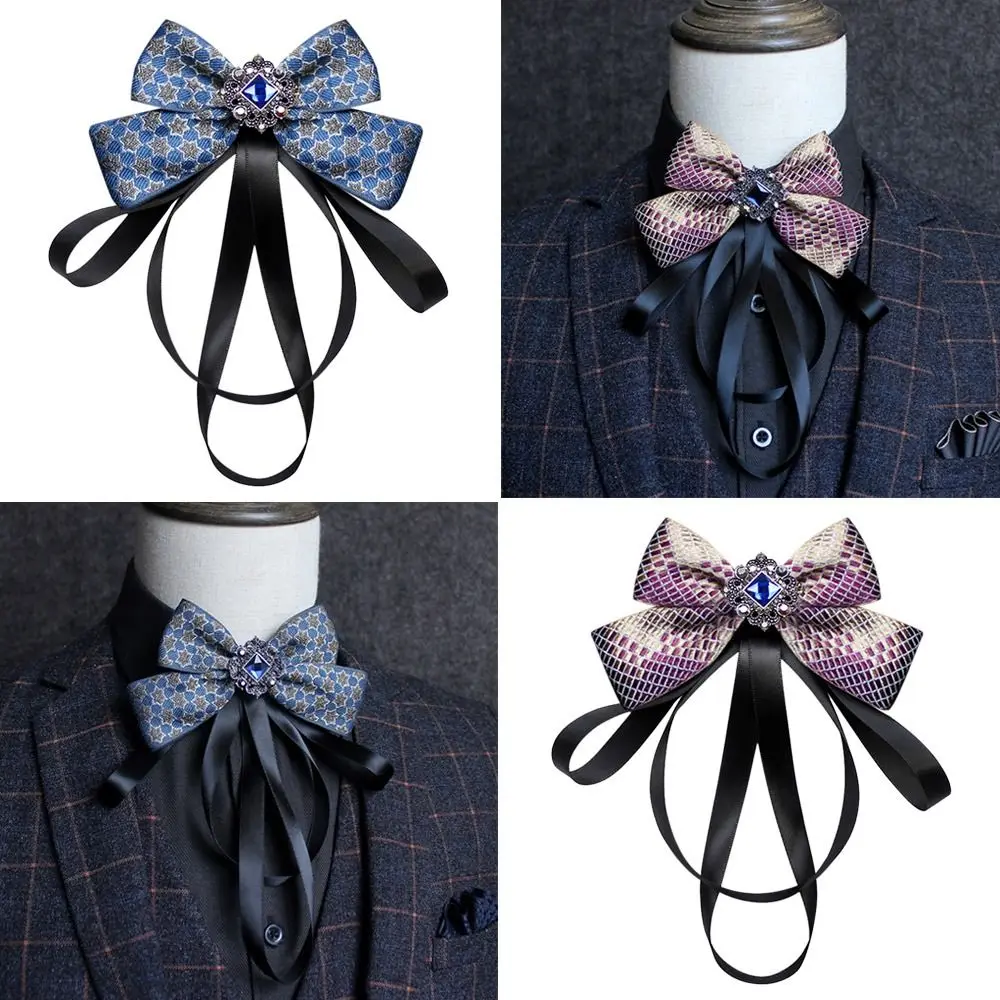 

Business Formal Dress Shirt Rhinestone Ribbon Bowtie Handmade Fabric Cloth Art Bow Tie Luxury Rhinestone Crystal