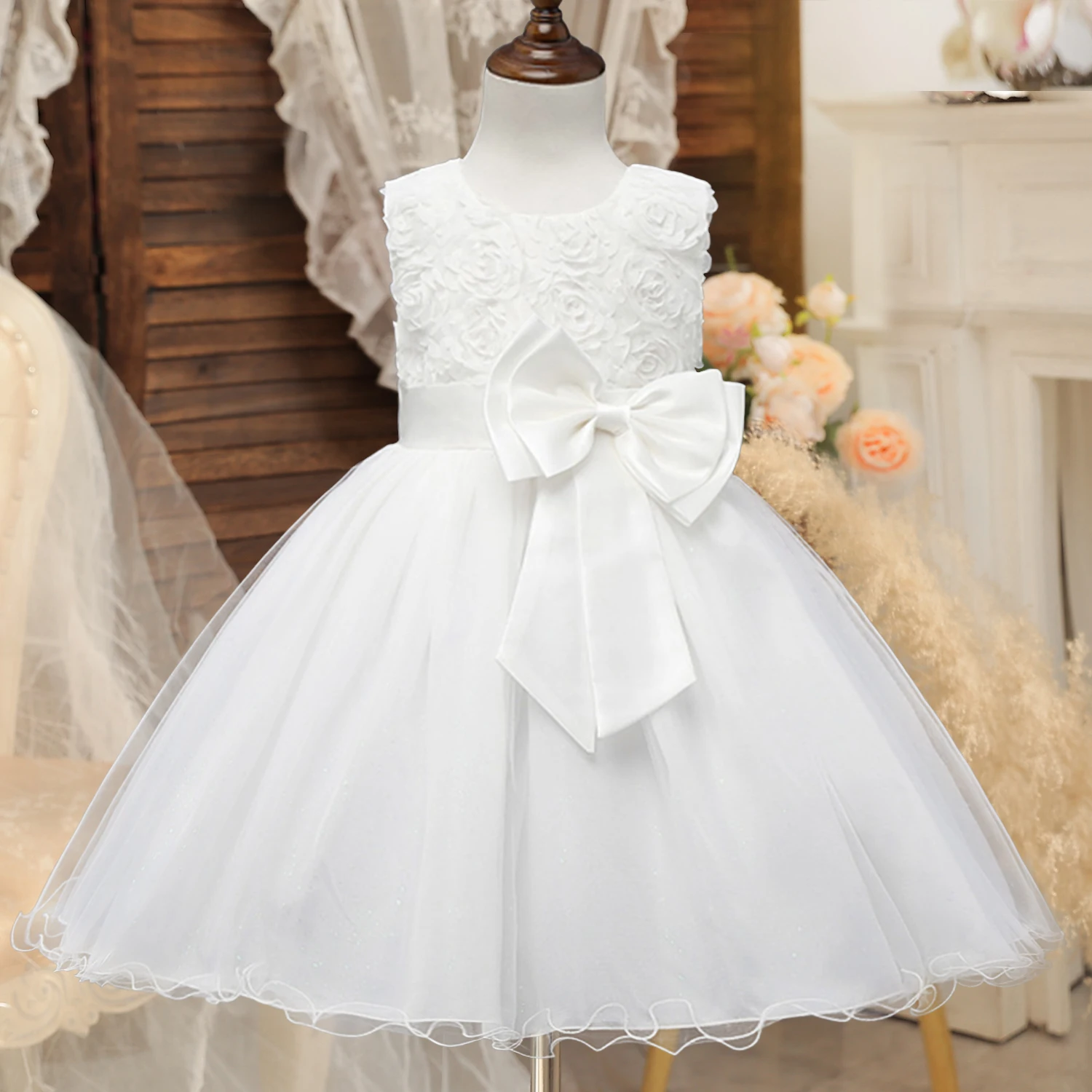 Vestido de flores blancas para niñas, vestidos de primera comunión, tutú de encaje, cumpleaños, boda, Princesa, disfraz de dama de honor para niñas