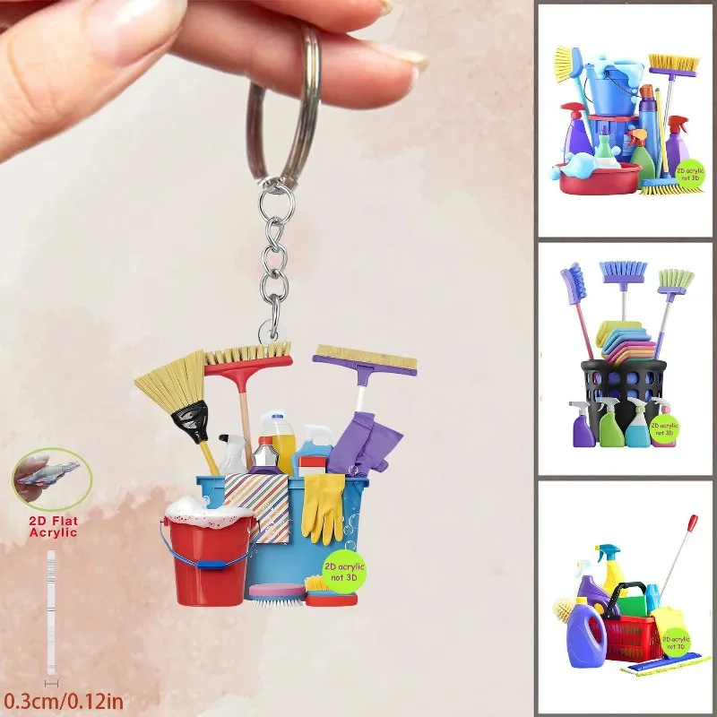 2D Flat Acrylic Keychain Cleaning Tool Broom Mop Bucket Sponge Keychain Hanging Bag Peddant Creative Christmas Gift