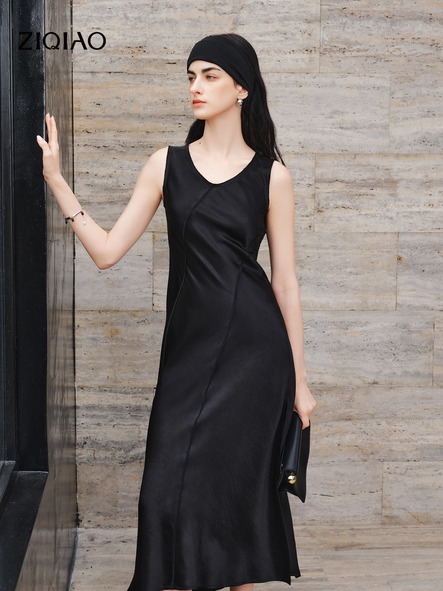 ZIQIAO Luxury Acetate Cut U-Neck Vest Dress 2026 Summer New Arrival Slim Sleeveless Slit Mid-calf Elegant Ladies Party
