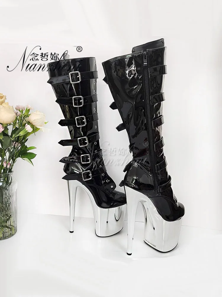 Hot Mid-Calf Black Belt Buckle Stripper Heels Platform Boots Exotic Dancer Pole Dance Shoes Cross Dressing Nightclub Gothic Punk