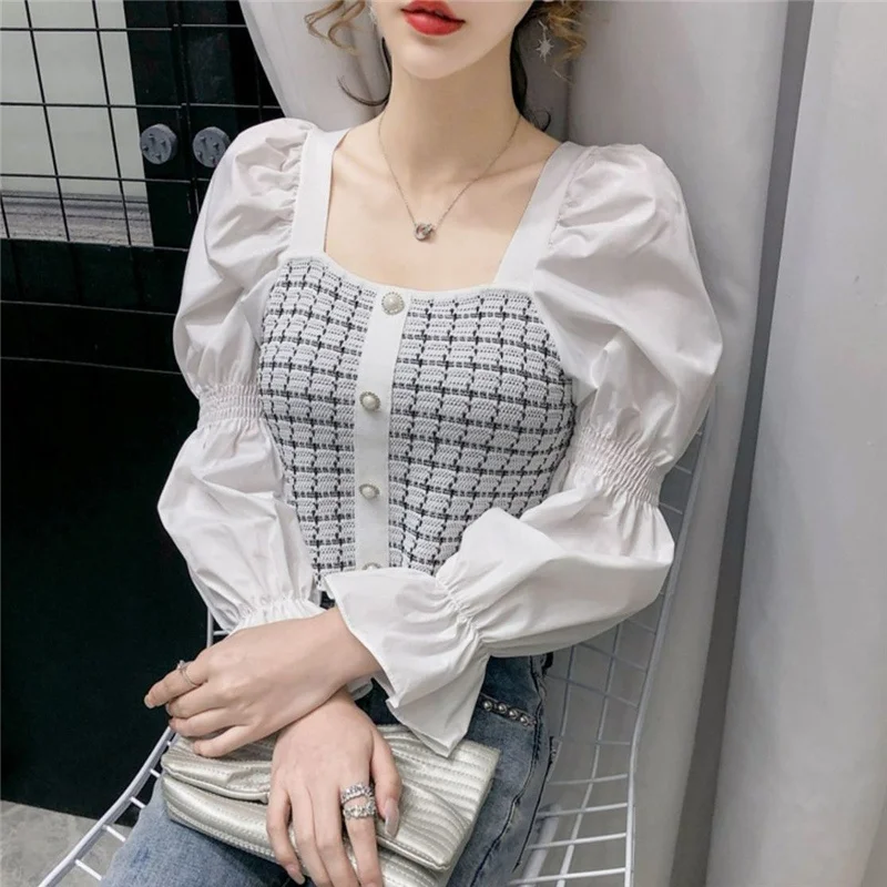 Vintage Square Neck Chic Sweet Ruffle Plaid Patchwork Long Sleeve Knitwear Women Spring Autumn Pullovers Blouse Top Clothing2023