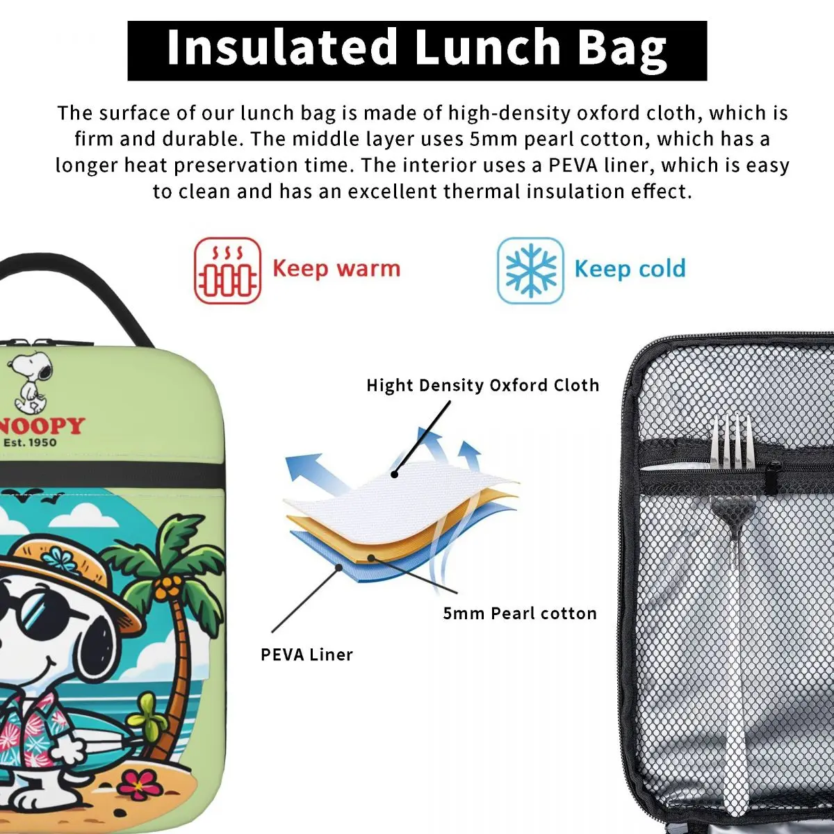 Snoopy Collection Storage Bag Peanuts Snoopy Girl Boy｠ Portable For Work Lunch Food Box Zipper Closure