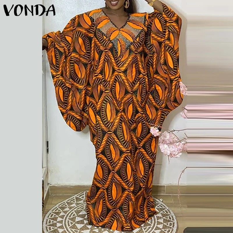 VONDA grande taille robes bohème impression longue Maxi Robe d'été femmes élégant col en v décontracté à manches longues Robe fête robes 5XL
