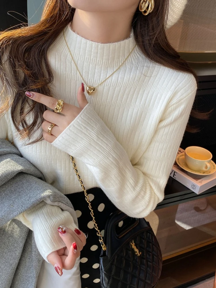 Autumn Winter Turtleneck Sweater Women Elegant Thicken Velvet Lined Warm Sueter Fleece Knitted Pullover Slim Knitwear Jumper