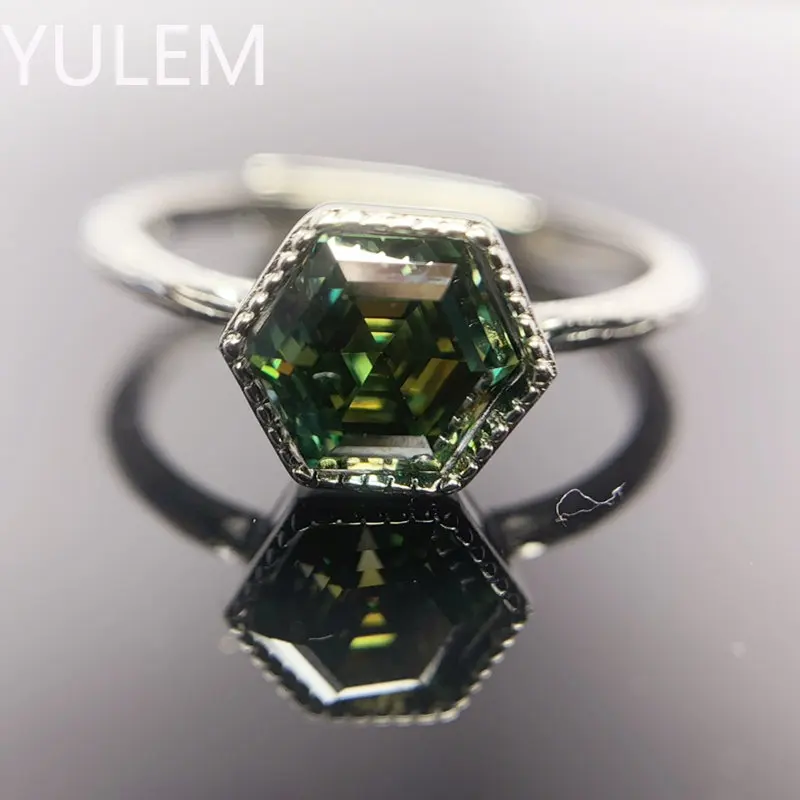 

YULEM 925 Sterling Silver 1CT Hexagon Green Moissanite Diamond Ring for Women Wedding Engagement Jewelry Inlay Bezel Setting