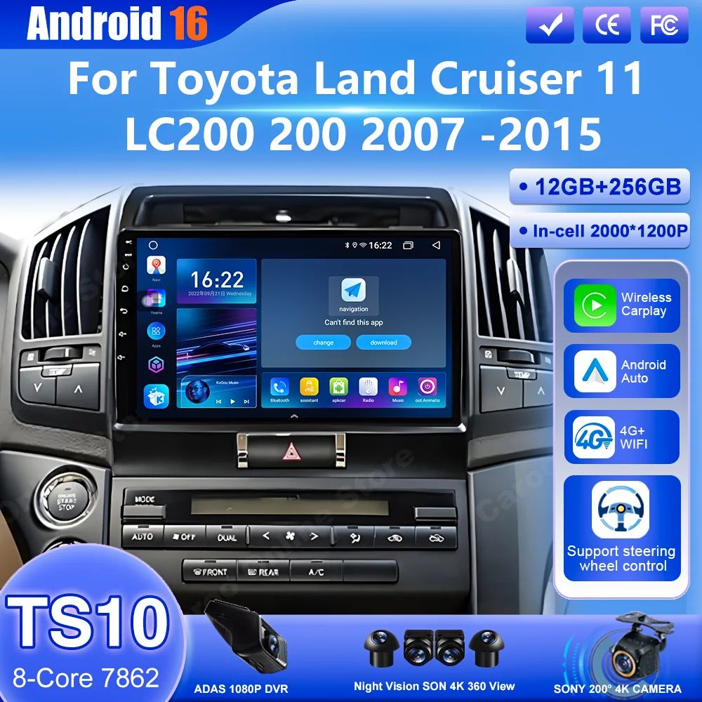 Android 16 Car For Toyota Land Cruiser 11 LC200 200 2007 -2015 Auto Multimedia Video Player Navigation GPS Touch Screen 4G Wifi