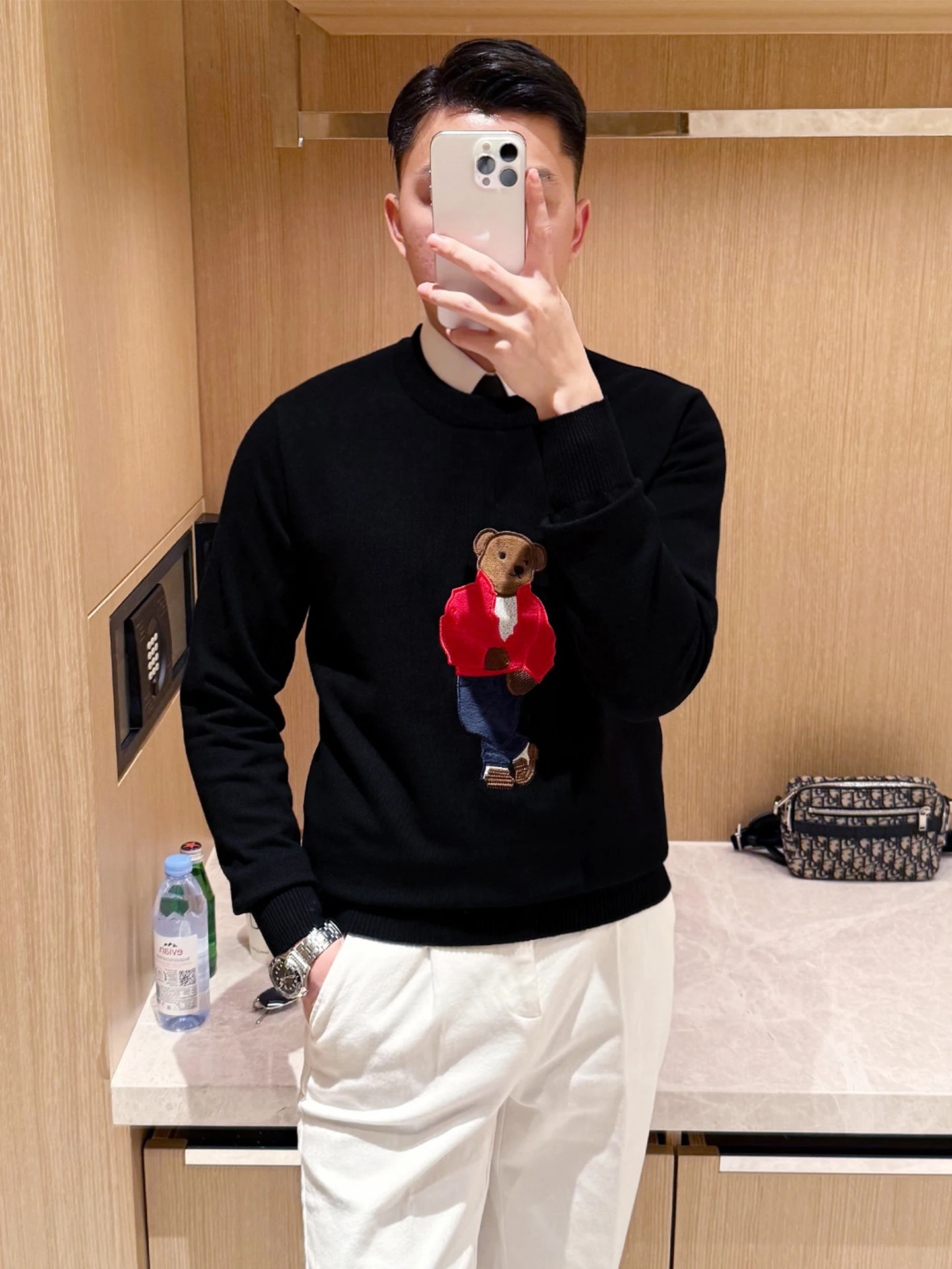 

Ybrother Роскошный вязаный свитер с вышивкой медведя, мужской длинный свек Bla, мягкий модный осенне-зимний новый Sle