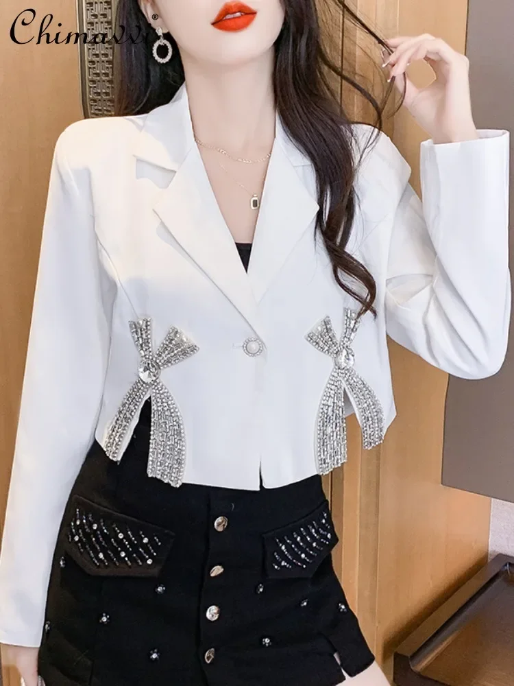 French Style Elegant Fashion Heavy Industry Diamond Bow Suit Collar Long Sleeve Single Button Short Jacket Top For Women Autumn