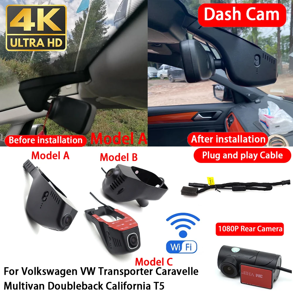 for Volkswagen VW Transporter Caravelle Multivan Doubleback California T5 4K Dash Cam Front Rear Car Camera DVR Wifi Plug & Play