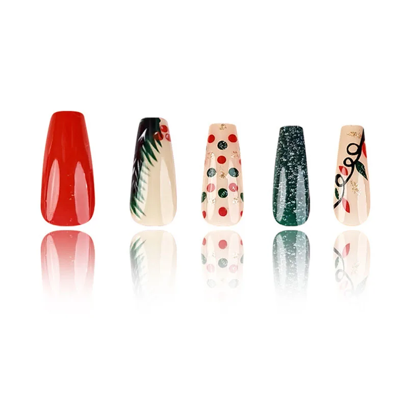 24 szt. Długie, kwadratowe sztuczne paznokcie - Świąteczne renifery z zielonym brokatem, czerwono-złoto-zielone kropki, motyw choinki, świąteczny wzór