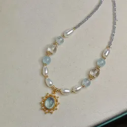 Trendy Blue Stone Zicron Freshwater Pearl Beads Necklace for Women 2024 New Trend Handmade DIY Necklaces Jewelry Gift