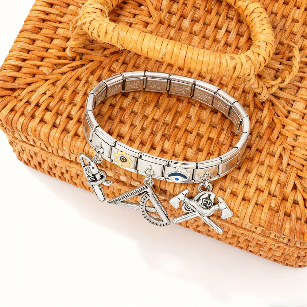 Modische Anhänger: Kettensägen, Äxte, Schraubenschlüssel, Schaufeln. Italienische Glieder passend für 9mm Edelstahl-Schmuckherstellung, Armband, DIY-Perlen. – Detail 4