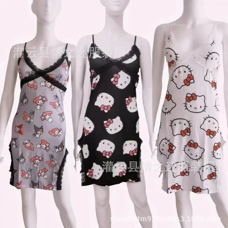 New Cartoon Hello Kittys Nightgown Sanrios Printing Girl Milk Shreds Home Leisure Anime Summer Lace Figure Kawaii Wear Outside