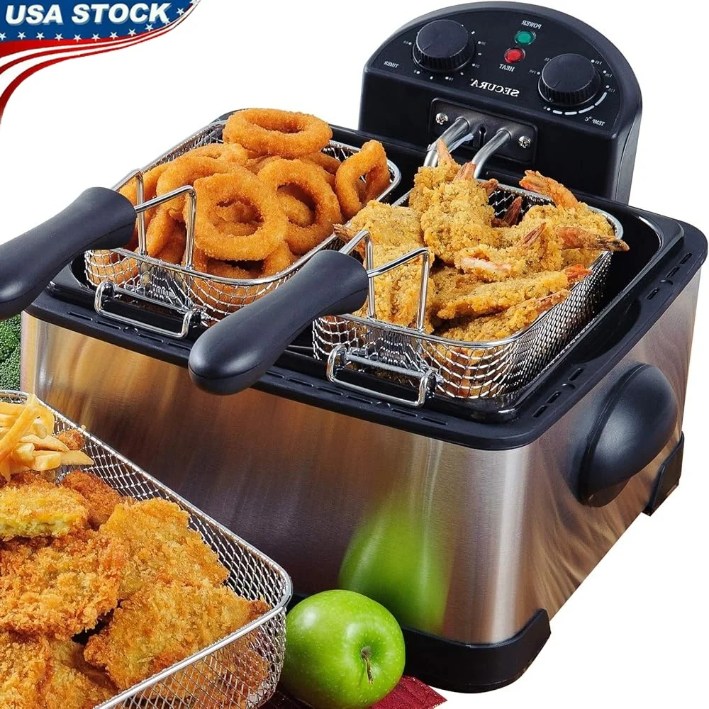 

1700W Stainless Steel Electric Deep Fryer Triple Basket Timer Adjustable Heat Odor Filter 4L 17-Cup Fish Chicken Cooking