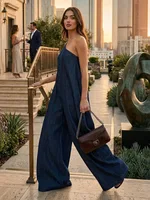 Yeezzi 2026 New Women Fashion High Street Imitation Denim Wide Leg Jumpsuits Summer One Shoulder High Waisted Casual Romper - Image 2