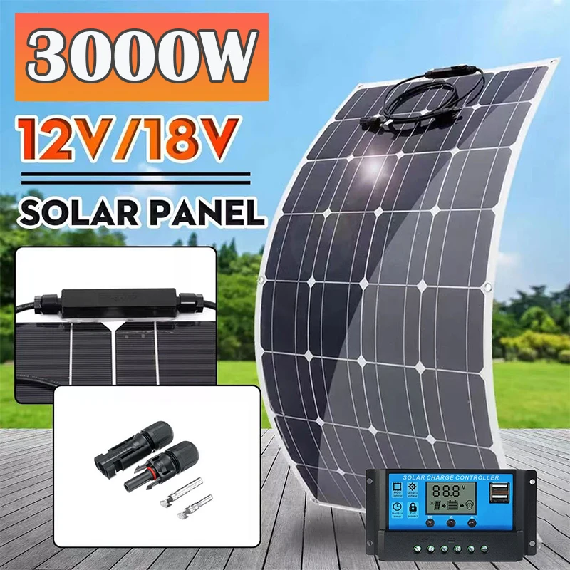 

3000W Flexible Solar Panel High EfficiencyCell18V 1000w 2000w PWM Controller for RV/Boat/Car/Home/Camping 12V24V Battery Charger