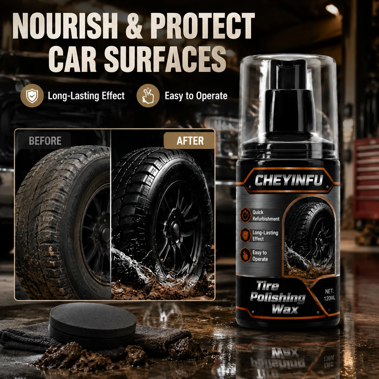 CHEYINFU Car Tire Polishing Wax Rubber Plastic Restorer Cream Deep Nourishment Anti-Aging 120ml