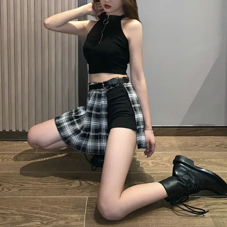 women skirt Harajuku gothic black sexy high waist pleated skirt punk girl\'s skirt with shorts new summer plaid skirt