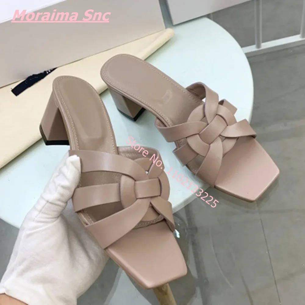 2024 Summer Women New Weaven Slippers Sexy Design Elegant Square Toe Block Chunky Heel Outdoor Concise Brown Solid Ladies Shoes