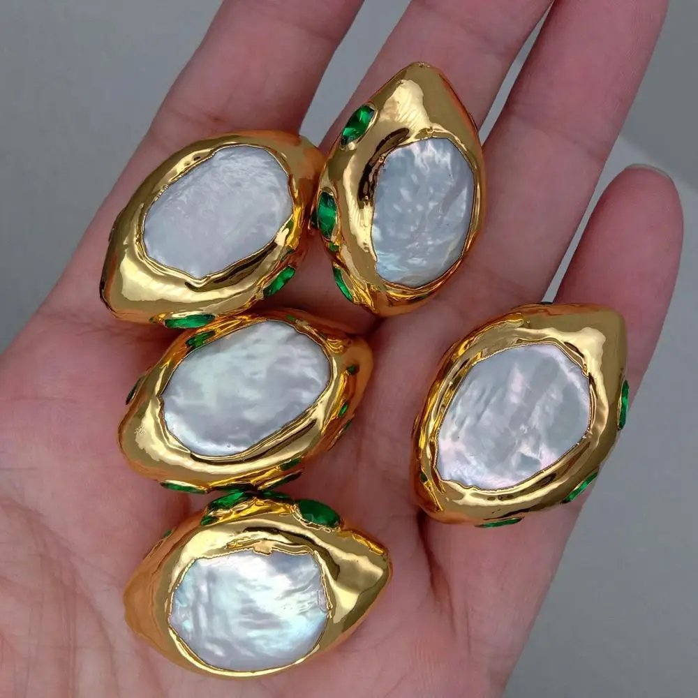 

5 PCS Cultured White Pearl Green Crystal Pave Spacer Beads Connector Jewelry Accessory